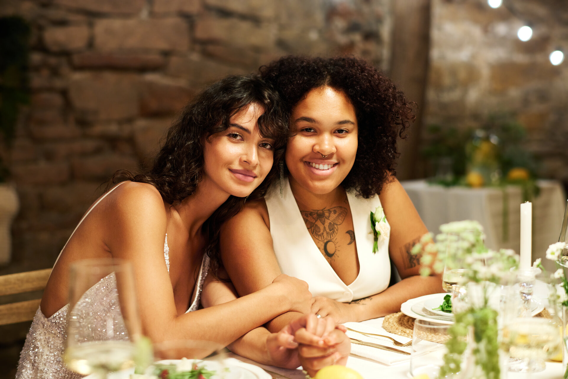 Embracing at the table.